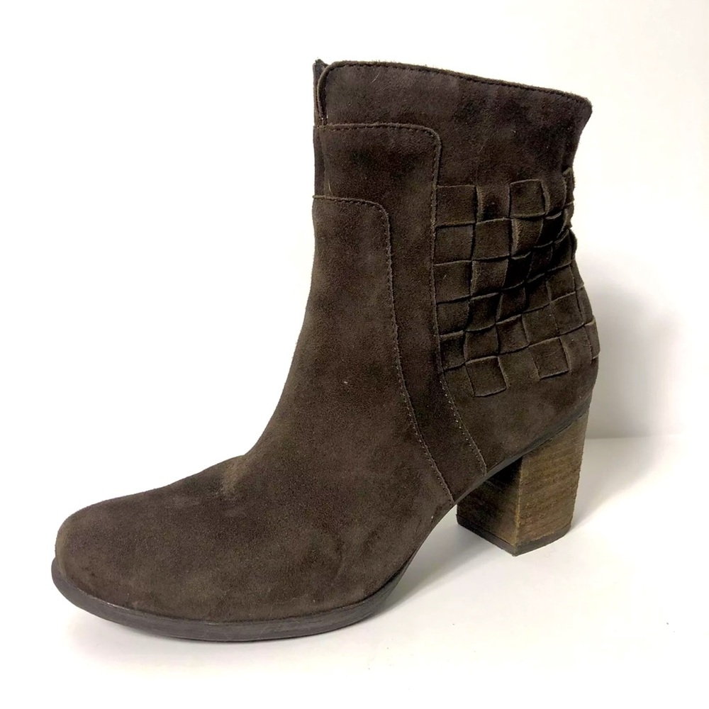 NEW JOSEPH SEIBEL Brown Real Suede Basketwoven Chunky Heel Ankle Boot 38 / 7 7.5